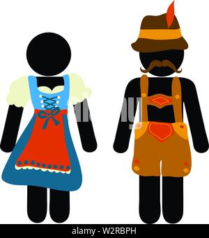 Pictogram Oktoberfest beer festival greeting card. Man and woman icons in traditional bavarian costume signs for bathroom, restroom, toilet, lavatory Stock Vector