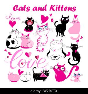 Vector set of funny kittens and cats with hearts Stock Vector