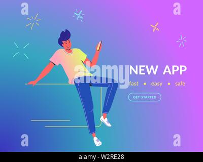 Man using mobile app concept vector illustration of young guy sitting with smartphone and using a new mobile app for social media and tracking news. H Stock Vector
