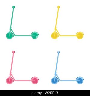 Set of 4 electric kick scooters in different colors isolated on white background. Vector illustration eps10. Stock Vector