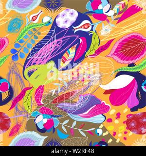 Seamless bright tropical pattern of leaves, spots and flowers Stock Vector