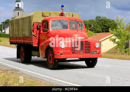 Kimito, Finland. July 6, 2019. Vintage Austin Loadstar, manufactured 1949-56, fire truck of Nagu FBK on Kimito Tractorkavalkad, vintage tractor parade Stock Photo