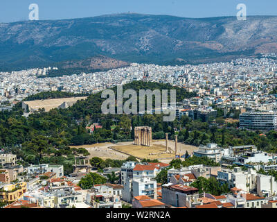 Athens, Greece, 9 July 2019 - The Temple of Olympian Zeus also known as the Olympieion or Columns of the Olympian Zeus, is a former colossal temple at
