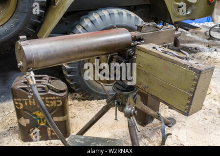 World War Two water-cooled M1917A1 / M1917 A1 Browning machine gun mounted on tripod, used by the United States Armed Forces during WW2 Stock Photo