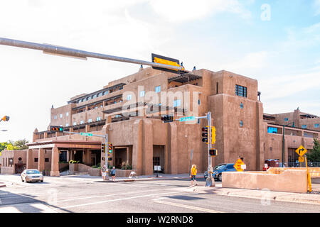 Santa Fe, USA - June 14, 2019: Old town street and Eldorado hotel in United States New Mexico city with adobe style architecture Stock Photo