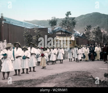 [ 1890s Japan - Japanese Funeral Procession ] —   Funeral procession. Notice the white clothing. White is the Asian symbol of mourning.  19th century vintage glass slide. Stock Photo