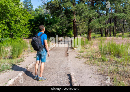 Man hiking walking on Main Loop trail path in Bandelier National Monument in New Mexico during summer in Los Alamos Stock Photo