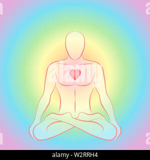 Meditating zen man in lotus position with glowing red heart chakra on rainbow colored circular background. Stock Photo