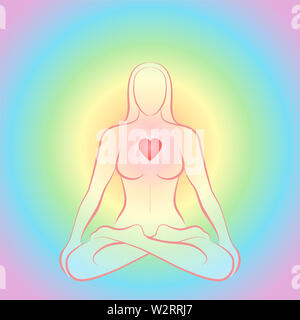 Meditating zen woman in lotus position with glowing red heart chakra on rainbow colored circular background. Stock Photo