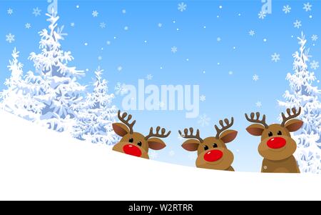 Winter. Winter forest. Group of deer. Deer on the background of the winter forest and blue sky with snowflakes. Stock Vector