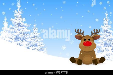 Winter. Winter forest. Reindeer on the background of the winter forest and blue sky with snowflakes. Stock Vector