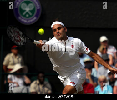 Wimbledon, UK. 10th July, 2019. Roger Federer during his quarterfinal match against Kei Nishikori of Japan at Wimbledon today. Credit: Adam Stoltman/Alamy Live News Stock Photo