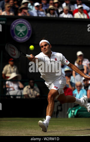 Wimbledon, UK. 10th July, 2019. Roger Federer during his quarterfinal match against Kei Nishikori of Japan at Wimbledon today. Credit: Adam Stoltman/Alamy Live News Stock Photo