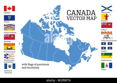 Canada map with flags of provinces and territories. Vector illustration. Ottawa, Toronto, Vancouver Stock Vector