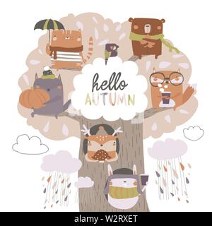 Cute animals sit on autumn tree on white background Stock Vector