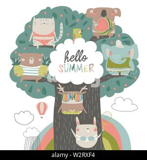 Cute animals sit on summer tree on white background Stock Vector