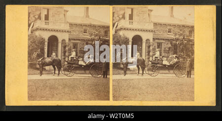 Coachman holding the reins of horse with people in coach, from Robert N Dennis collection of stereoscopic views Stock Photo