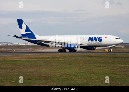 FRANKFURT / GERMANY - APRIL 26, 2015: MNG Airlines Cargo Airbus A330-200 TC-MCZ cargo plane departure at Frankfurt Airport Stock Photo