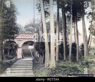 [ 1890s Japan - Nanzenji Aqueduct, Kyoto ] —   The suirokaku (水路閣, aqueduct) at Nanzenji Temple (南禅寺) in Kyoto. It was completed in 1889 (Meiji 21) to supply Kyoto with water from Lake Biwa for electricity generation and the city’s drinking water supply, as well as facilitate transportation. The hydro-electric power station built for this project was Japan’s first. The project was designed by Japanese Civil Engineer Sakuro Tanabe (田辺朔郎, 1861–1944).  19th century vintage albumen photograph. Stock Photo