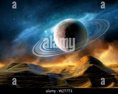 Space panorama with ringed planet and a colorful nebula. 3D illustration. Stock Photo