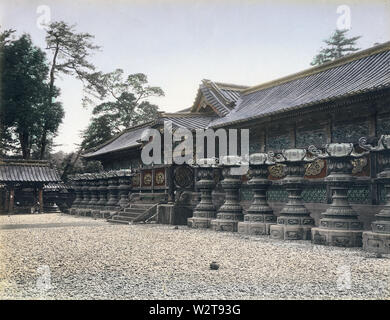 [ 1890s Japan - Lanterns at Zojoji Temple, Tokyo ] —   Gate and lanterns at Zojoji Temple in Shiba, Tokyo. Six Tokugawa Shoguns and wives and children of shoguns were entombed at the Tokugawa mausoleum at Zojoji. Much of the mausoleum was destroyed during the Great Kanto Earthquake of 1923 (Taisho 12) and what survived, was burnt down during the US fire bombings of Tokyo in 1945 (Showa 20).  19th century vintage albumen photograph. Stock Photo