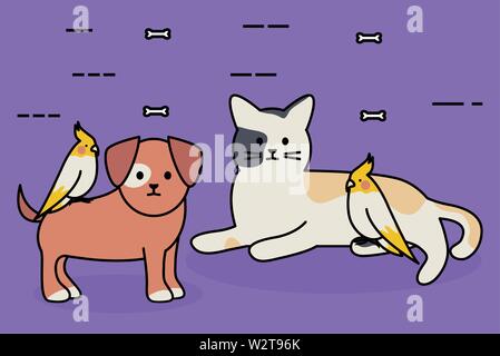 cute cat and dog with bird mascots adorables characters vector illustration design Stock Vector