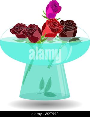 Bouquet of 5 roses in a vase of water. Vector illustration beatiful scarlet, violet and red roses in nice transparent bowl with water Stock Vector