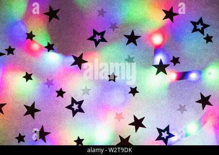 Colorful festive party background with stars and trendy neon light in 80's style. Stock Photo