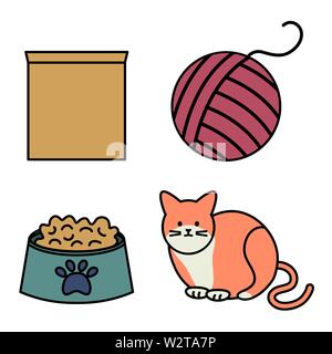 cute cat mascot with wool ball toy and dish food vector illustration design Stock Vector