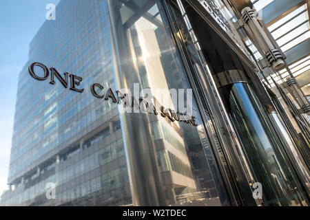 One Canada Square entrance name signage outside the iconic tower One Canada Square in Canary Wharf London E14 Stock Photo