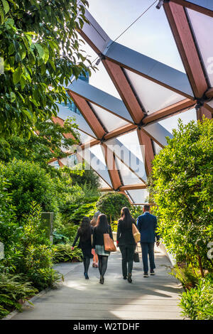 Crossrail Place Roof Garden with office workers walking through at Canary Wharf. A tropical exotic roof garden, styled on the Eden Project in an oasis of calm above Crossrail station, designed by Sir Norman Foster Stock Photo