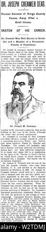 Dr Joseph Marie Creamer II (1852-1900) obituary in the Brooklyn Eagle on February 23, 1900 Stock Photo