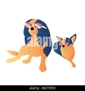 Two hand drawn flat style dogs with sunglasses. Isolated on white background. Stock vector illustration.. Stock Vector