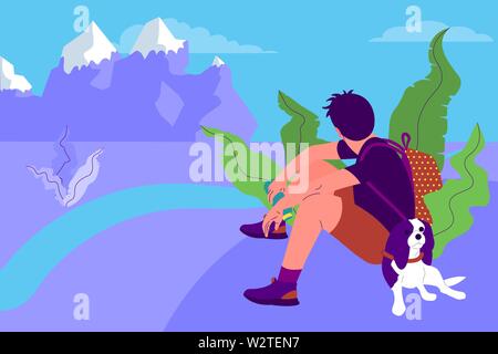 man with a dog is sitting and watching beautiful nature, tourist is resting. isolated on white background. stock vector illustration. Stock Vector