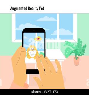 Human hand is holding smartphone with augmented reality app on screen showing hologram of a dog. Flat style stock vector illustration. Stock Vector