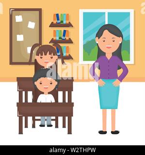 young female teacher with students in the classroom vector illustration design Stock Vector