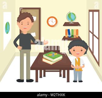 young male teacher with student boy in the classroom vector illustration design Stock Vector