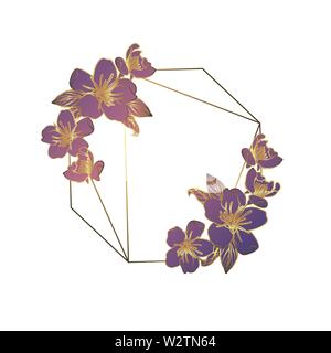 Botanical garland from apple flowers, vintage floral wreath with golden polygonal frame. isolated on white background. Stock vector illustration. Stock Vector