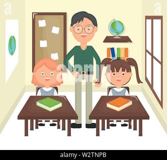 young male teacher with students in the classroom vector illustration design Stock Vector