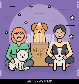 young couple with dogs adorables mascots vector illustration design Stock Vector