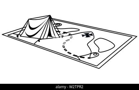 Camping tent on adventure map in black and white Stock Vector