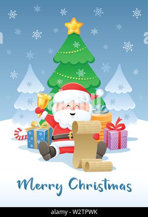 Merry Christmas. Greeting card with funny Santa Claus. Flat design without transparency. Vector illustration. Stock Vector