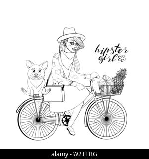 Beautiful young hipster girl with a corgi, in stylish vintage outfit riding vintage hipster bicycle with basket. isolated on white background. stock v Stock Vector