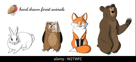 Set of cute animals isolated on white background.  red fox, owl, rabbit and bear. stock vector illustration Stock Vector