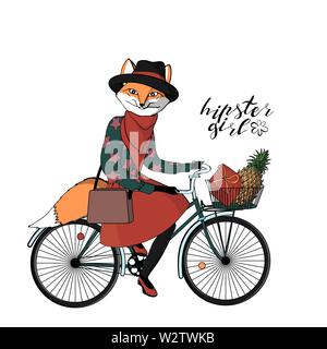 Beautiful young hipster girl with a fox head and tail in stylish vintage outfit riding vintage hipster bicycle with basket. isolated on white backgrou Stock Vector