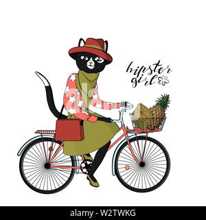 Beautiful young hipster girl with a cat head and tail in stylish vintage outfit riding vintage hipster bicycle with basket. isolated on white backgrou Stock Vector