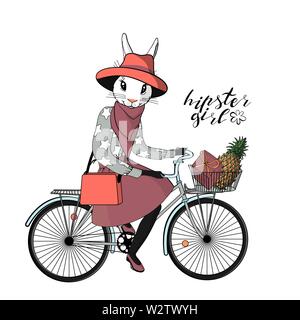 Beautiful young hipster girl with a bunny head and tail in stylish vintage outfit riding vintage hipster bicycle with basket. isolated on white backgr Stock Vector