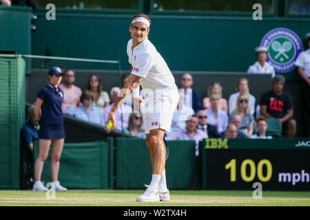 Wimbledon, UK. 10th July, 2019. Roger Federer of Switzerland during the men's singles quarter-final match of the Wimbledon Lawn Tennis Championships against Kei Nishikori of Japan at the All England Lawn Tennis and Croquet Club in London, England on July 10, 2019. Credit: AFLO/Alamy Live News Stock Photo
