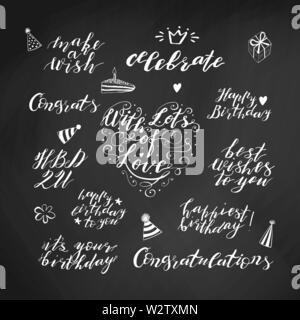 Hand lettering birthday wishes phrases set in white isolated on chalkboard background. Handwritten text. Stock vector illustration. Stock Vector