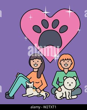 young women with cute cat and dog mascots vector illustration design Stock Vector